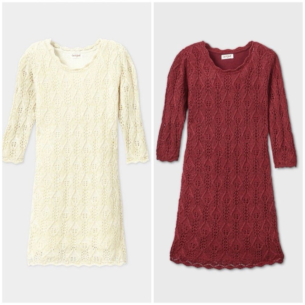 Cat & Jack Girls Bundle Cream Crochet Knit Lined Sweater Dress 3/4 Sleeve XS 4/5